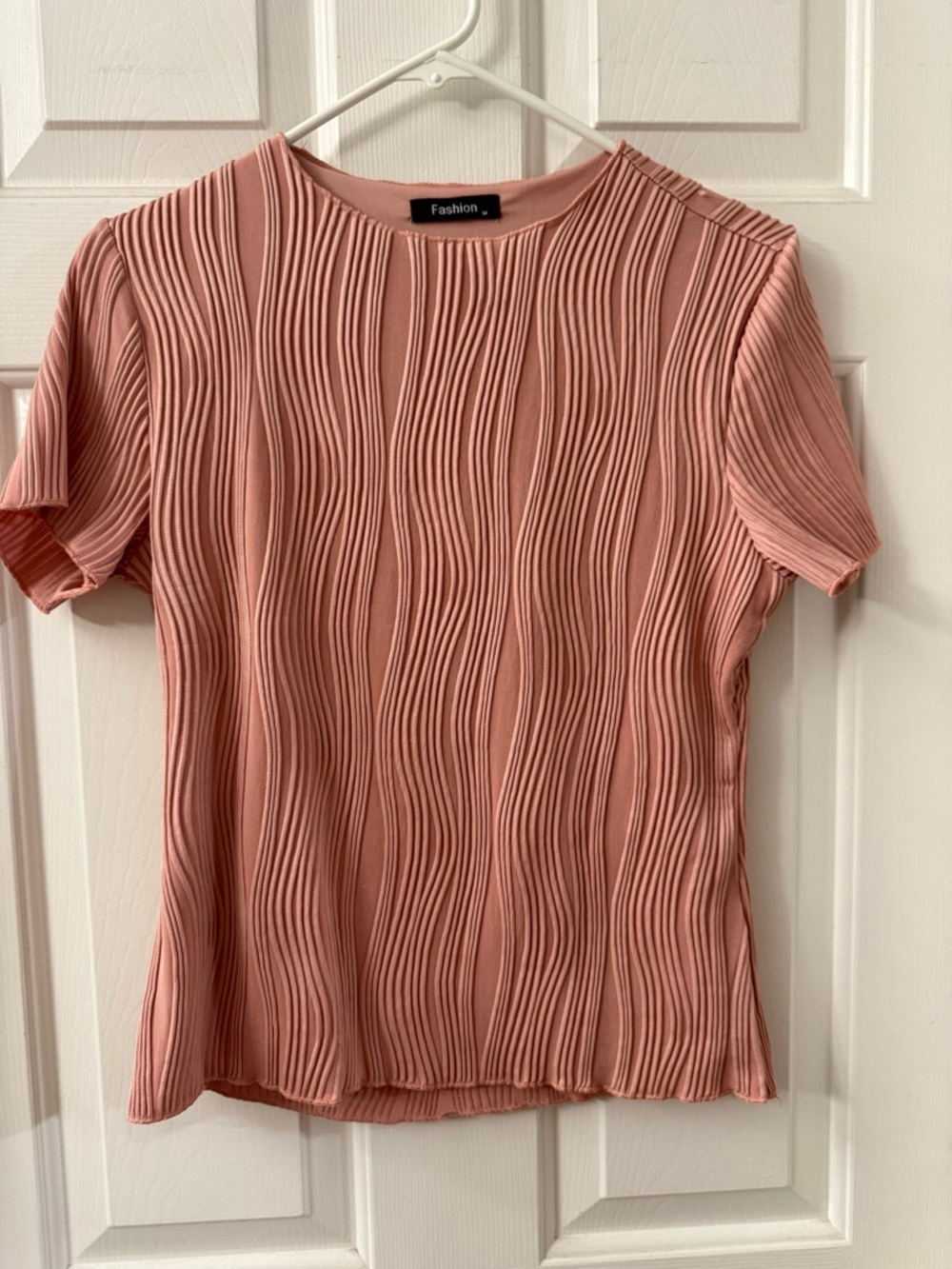 Ribbed Wave Texture Short Sleeve Top - Dusty Rose